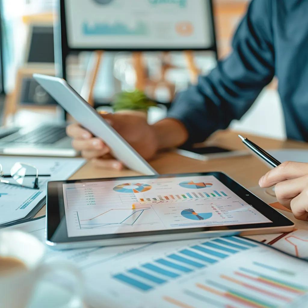 Business professional reviewing cash flow data on a tablet in a bright workspace